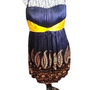 New bebe strapless silk paisley bubble hem dress‎ yellow black floral party   L